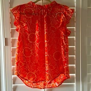 LOFT Ruched Neck Ruffle Sleeves Orange Floral Top